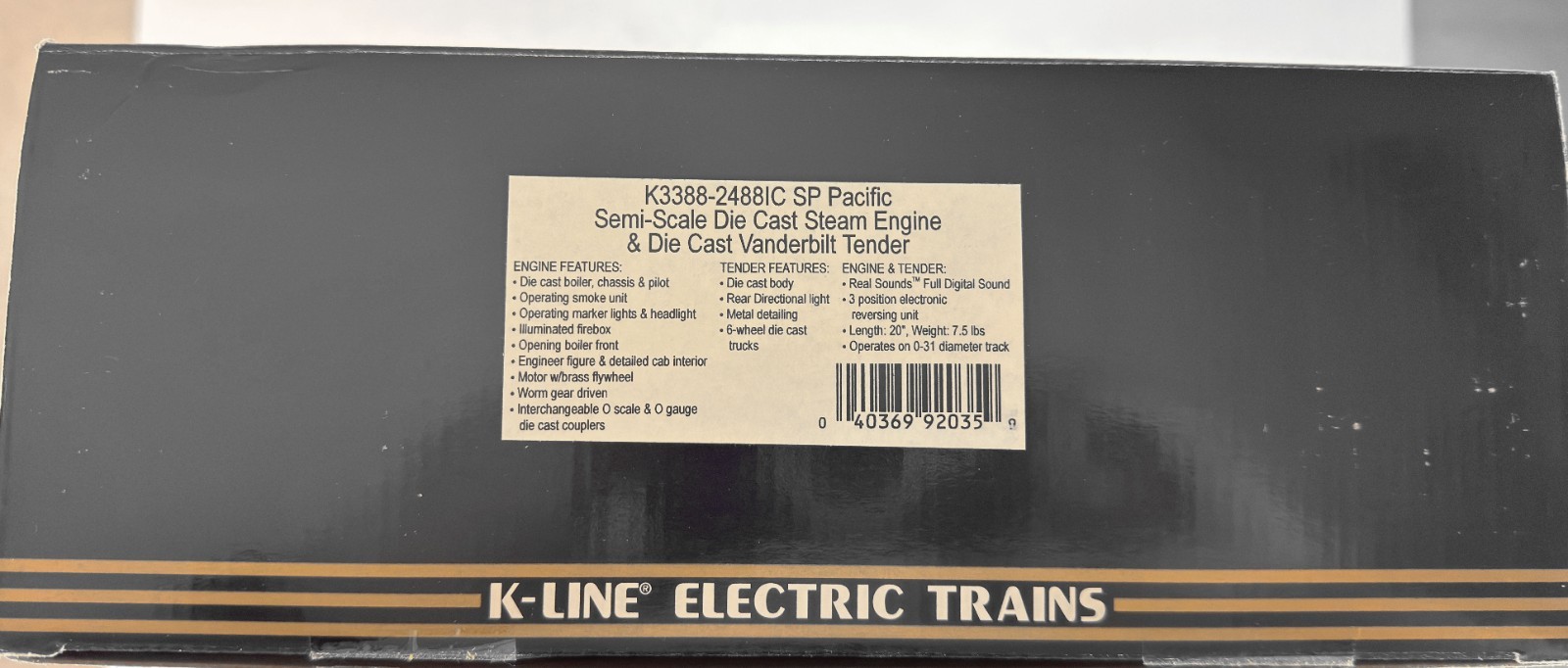K-Line K-3388-2488IC Southern Pacific 4-6-2 Loco w Vanderbilt Tender O Gauge New