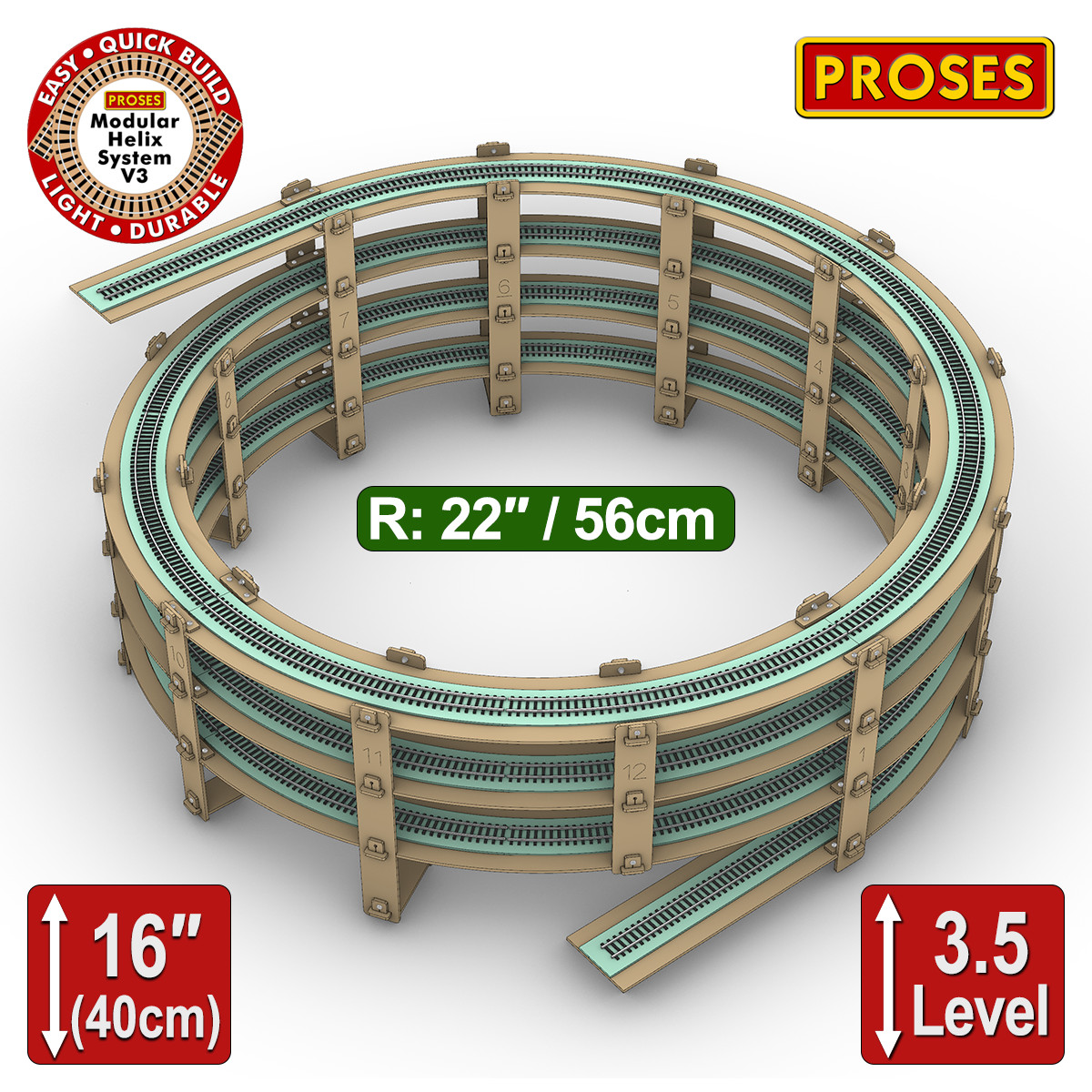 HO Scale Single Track Helix For Model Trains Radius: 22″ Height 16″, 3.5 Levels