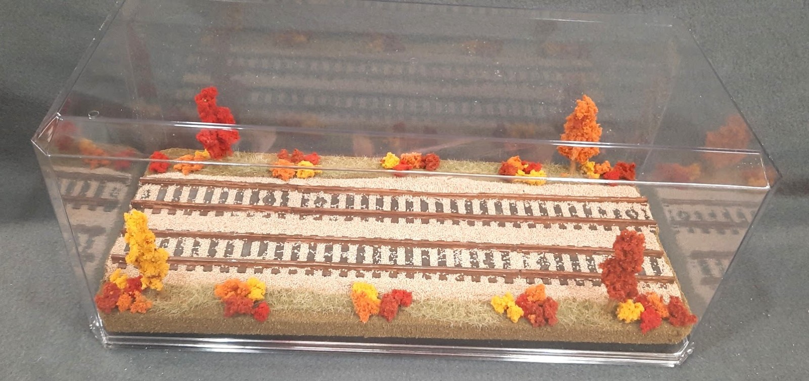 S SCALE 16″ DOUBLE TRACK DISPLAY CASE- “FALL FOILAGE SCENE”-FOR ANY S TRAINS