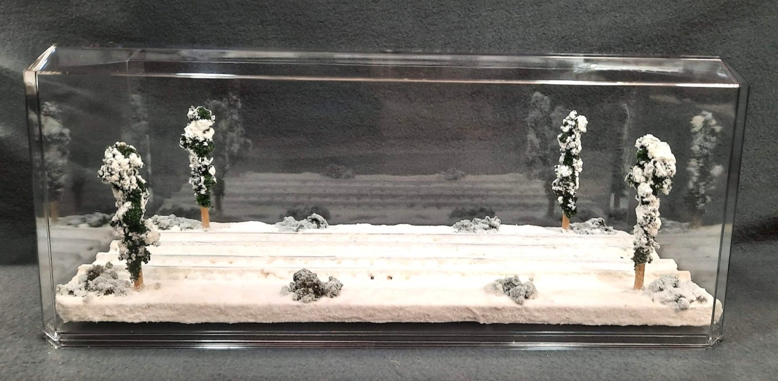 S SCALE 16″ DOUBLE TRACK DISPLAY CASE- “WINTER SCENE”-FOR ANY S TRAINS