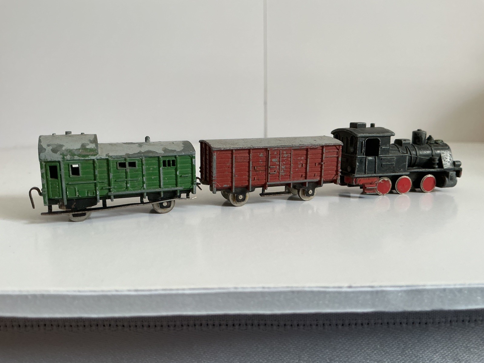 Small Vintage Train Engine, Brown Freight Van, Green Brake van – Western Germany