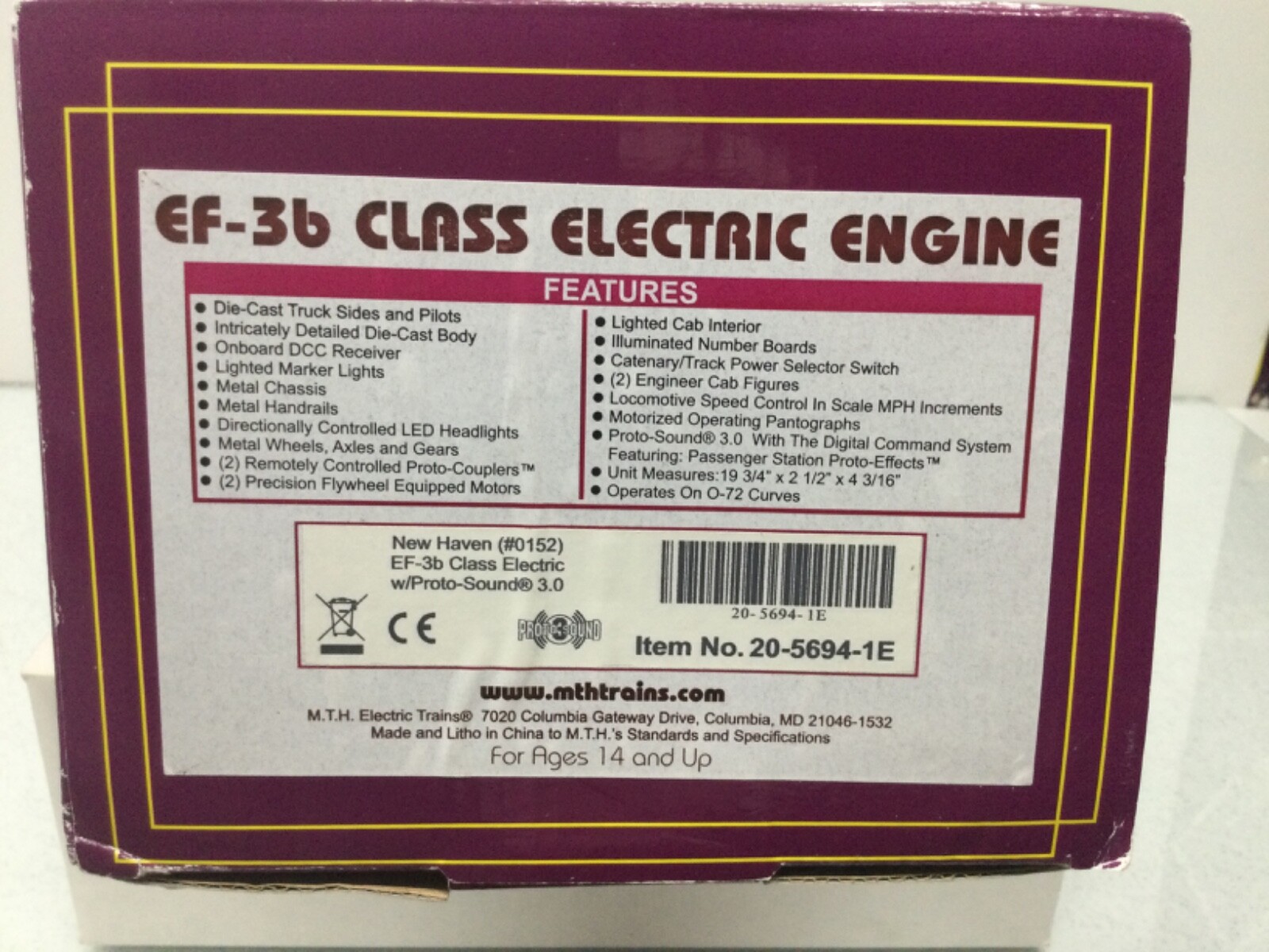 MTH 20-5694-1 New Haven EF-3b Class Electric Engine (#0152) O Scale 3 Rail NEW