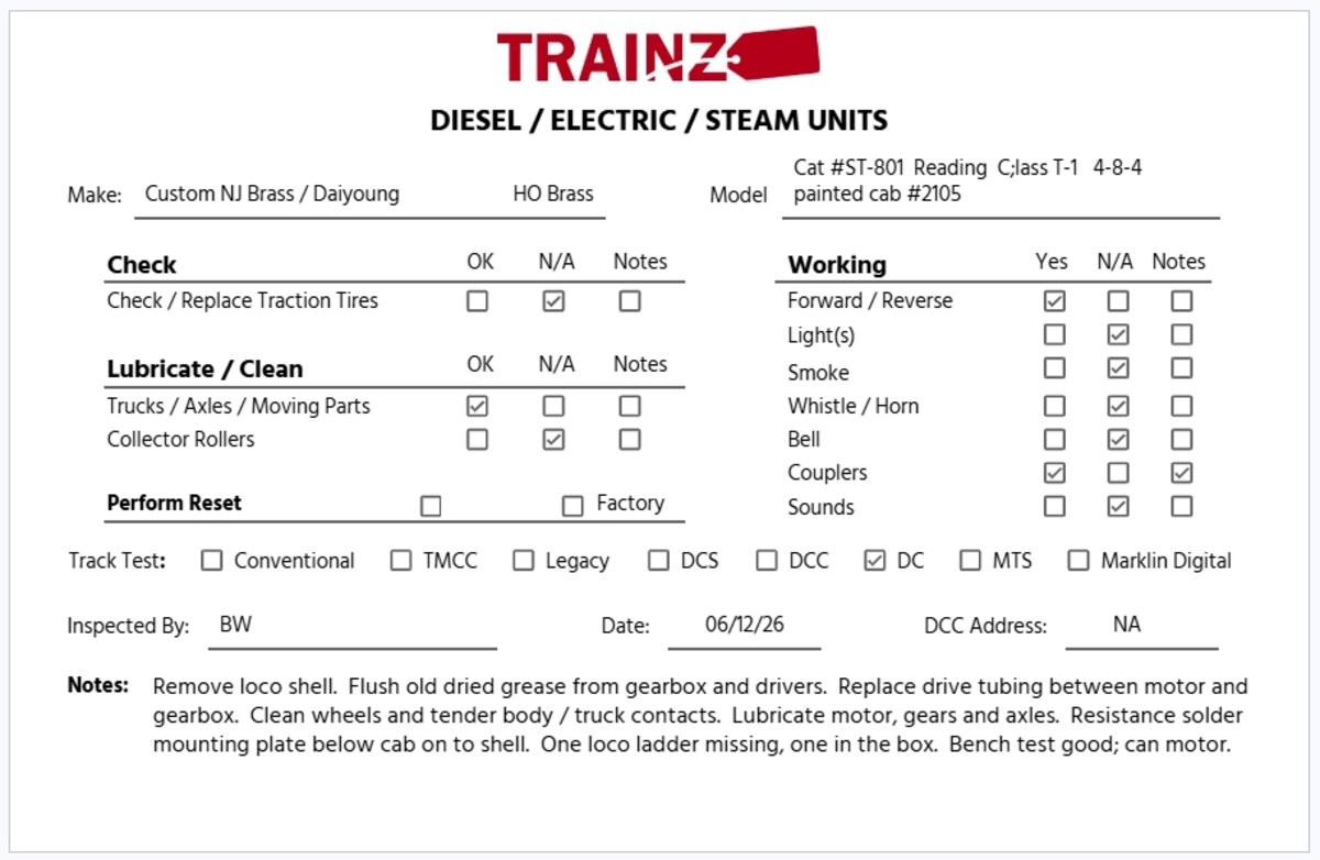 Custom NJ Brass ST-801 HO Brass Reading T-1 4-8-4 Steam Loco/Tender #2105 EX/Box