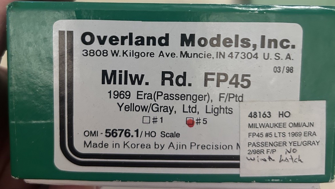 HO Overland Models Brass OMI-5676.1 FP45 Milwaukee Road Yellow Gray #5 1969 Era