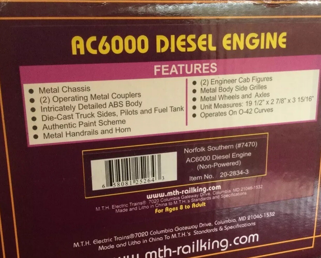 MTH PREMIER NORFOLK SOUTHERN AC6000 NON-POWERED DIESEL ENGINE 20-2834-3! O SCALE