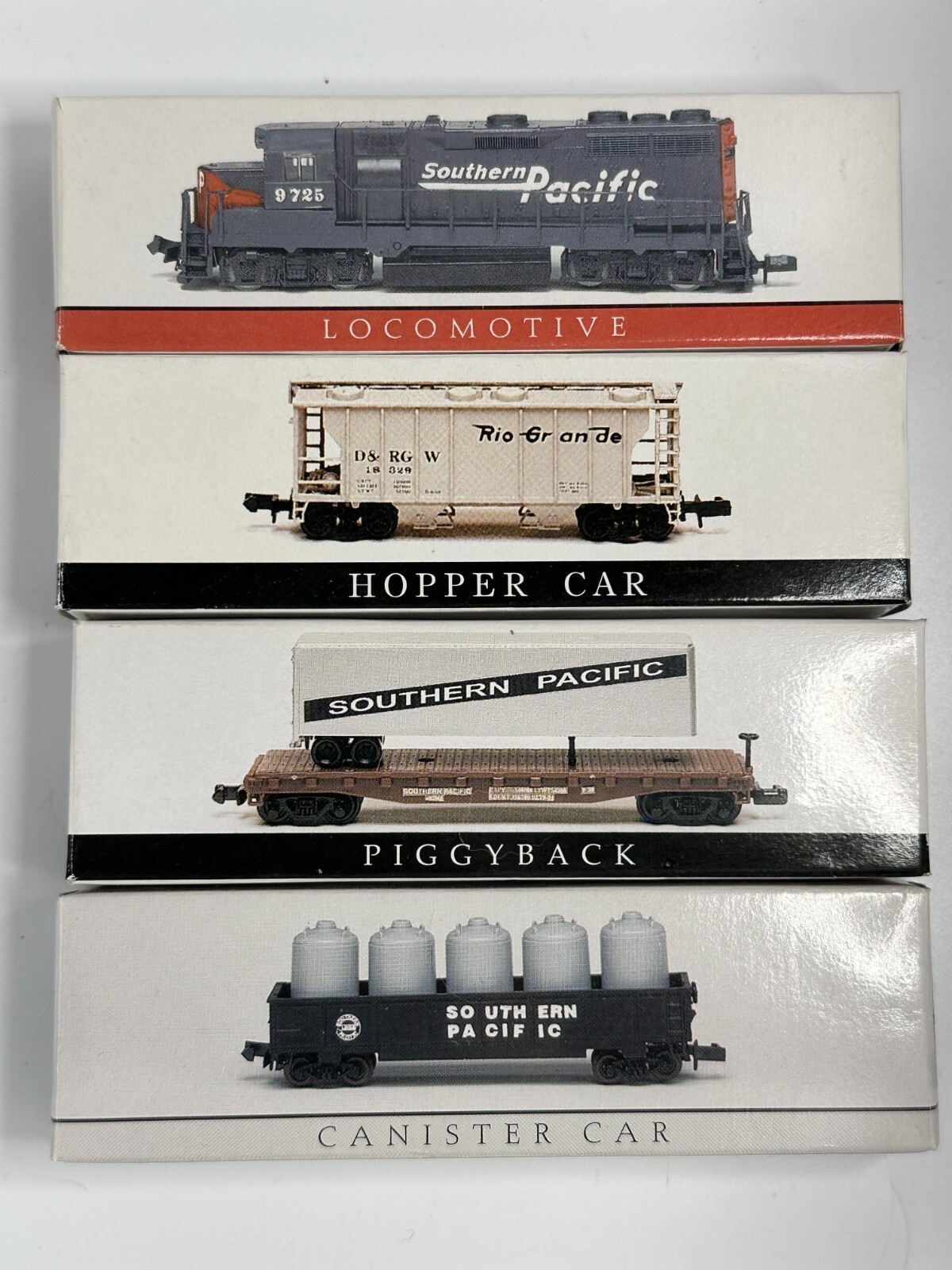 Set of Southern Pacific Railroad Locomotive, Hopper, Piggyback & Canister Cars