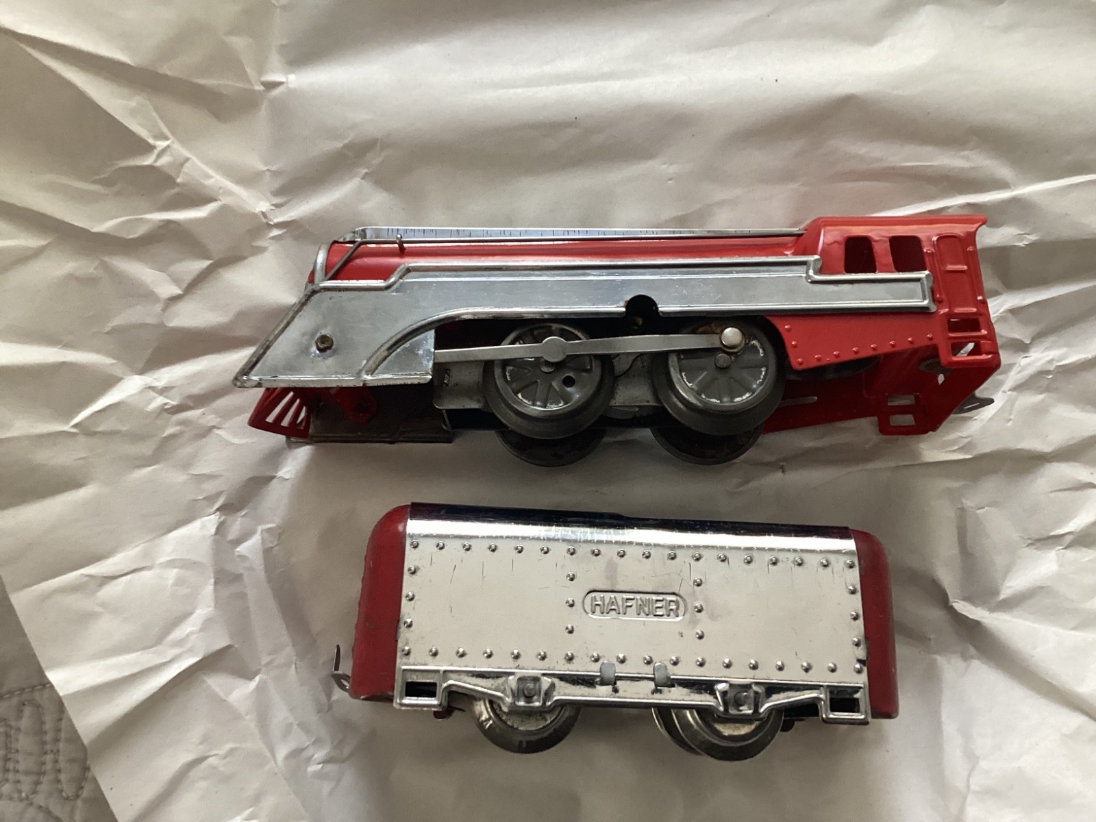 Postwar Red & Chrome Hafner Steam Engine & Tender from 1940s -1950s