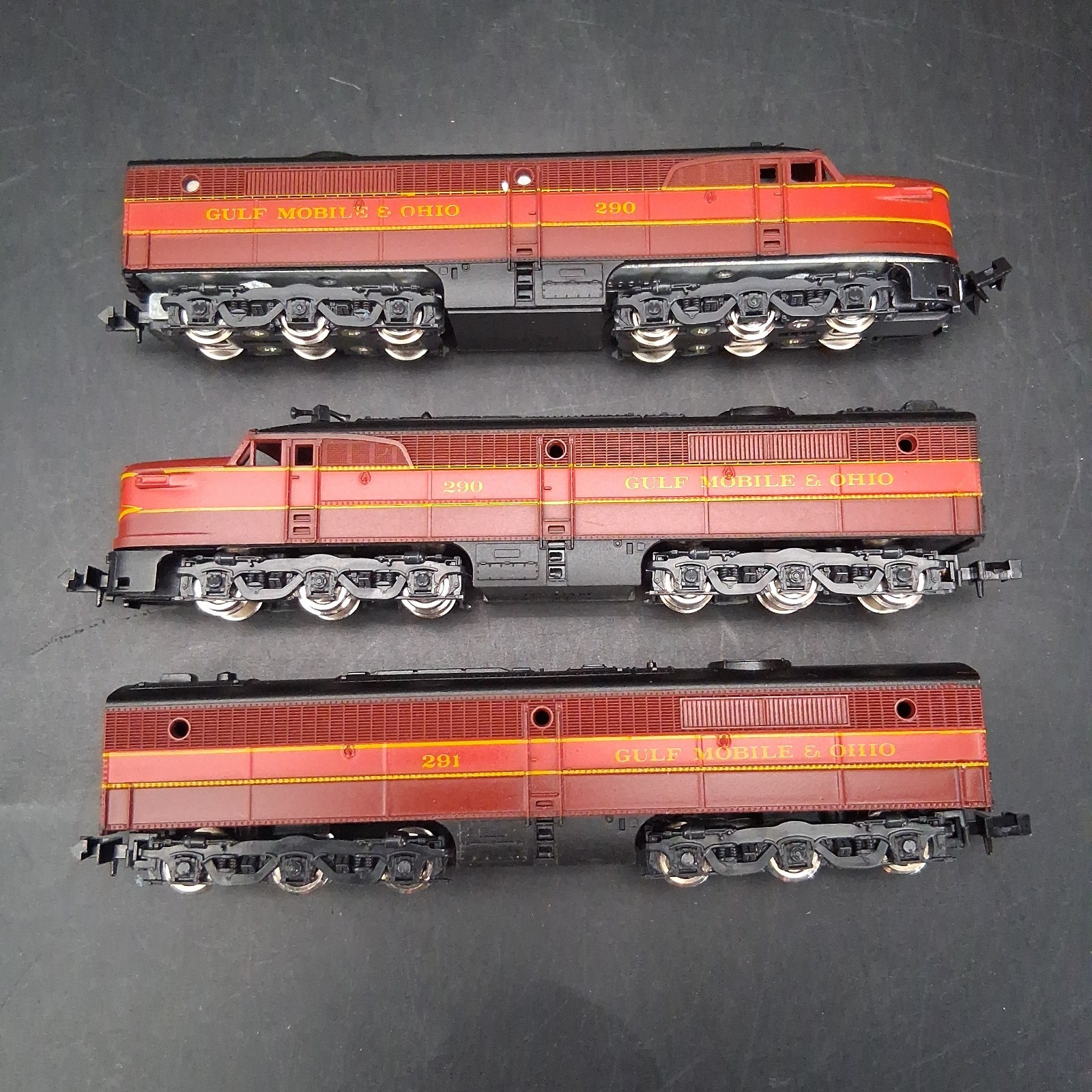 Con-Cor N Scale GM&O ALTON ROUTE & REBEL Set 3 PA Locos AAB & 6 Passenger Cars