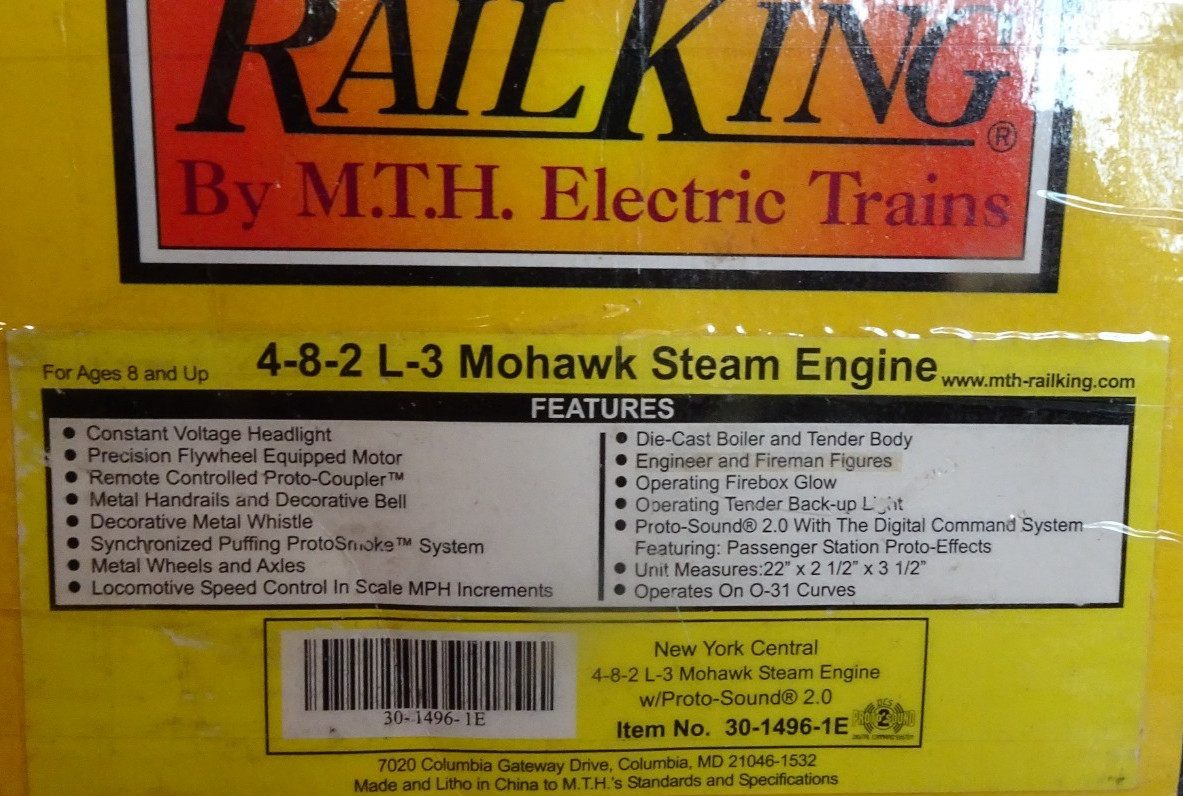 MTH RAILKING NEW YORK CENTRAL L-3 MOHAWK 4-8-2 STEAM ENGINE PS2! 30-1496-1E NYC