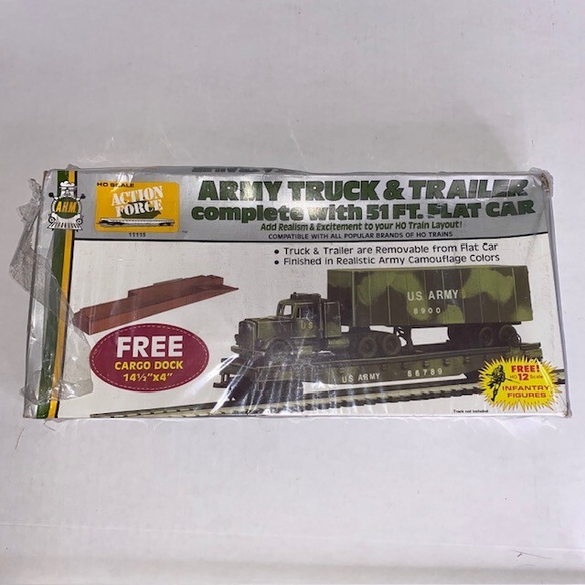 AHM HO GAUGE MODEL RAILROAD U. S. ARMY 3 PEICE CARRIER CAR WITH TRUCK & TRAILER