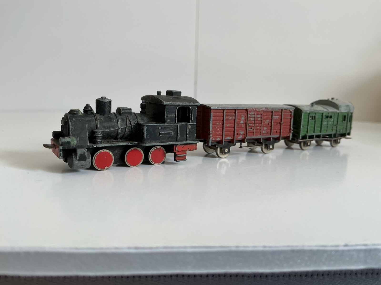 Small Vintage Train Engine, Brown Freight Van, Green Brake van – Western Germany