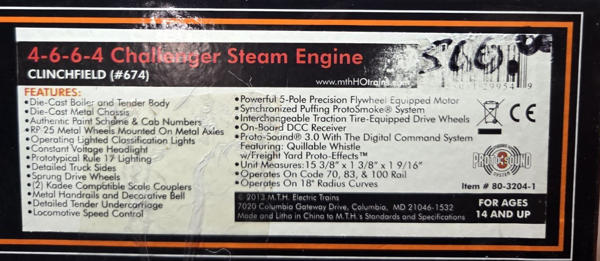 MTH HO Scale 4‑6‑6‑4 Challenger Clinchfield #674 – 80‑3204‑1