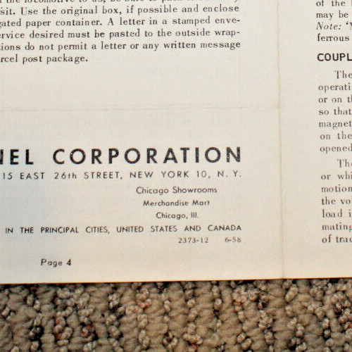 Lionel Postwar #2373 F3 Instruction Sheet #2373-12 6-58 Nice Black Printing