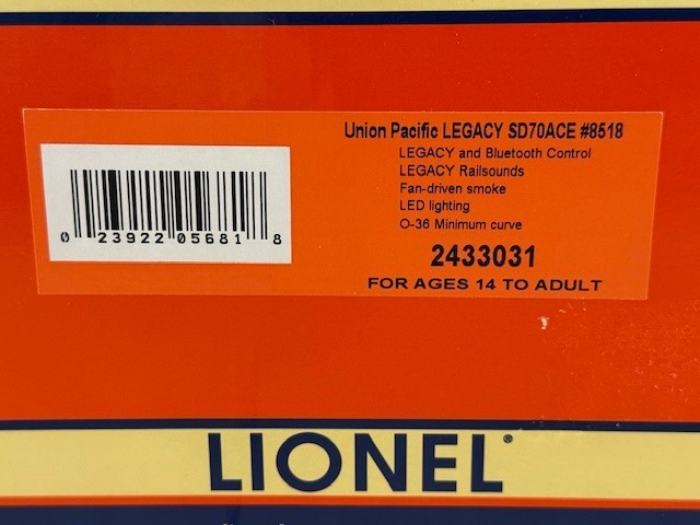 LIONEL UNION PACIFIC LEGACY SD70ACE #8518 –O Scale