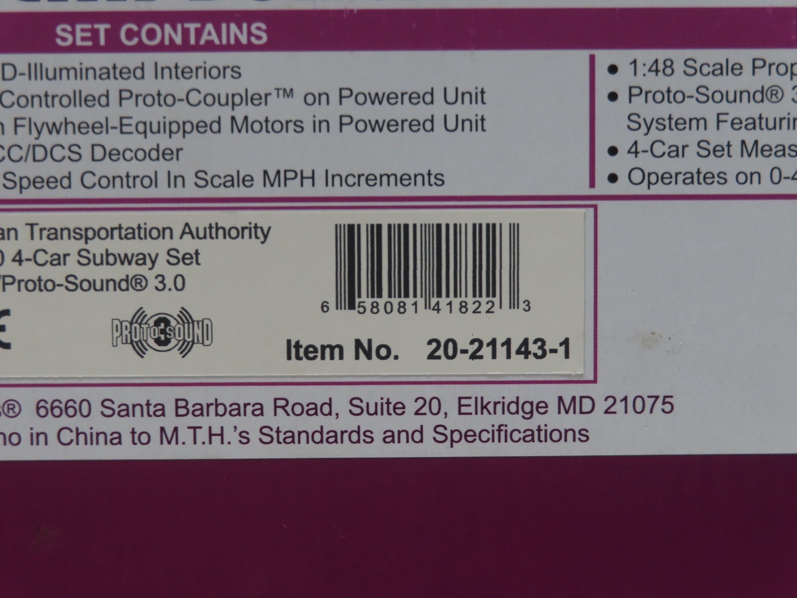 MTH 20-21143-1 MTA R40 Subway Set 4-Car w/Protosound 3 LN