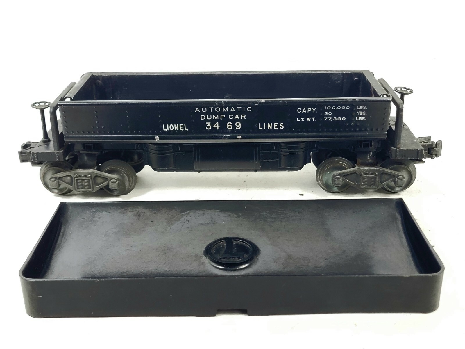3x Lionel 3469 Dump Car w/Bin 6462 Gondola w/Barrel Load, X6454 Boxcar SP 96743