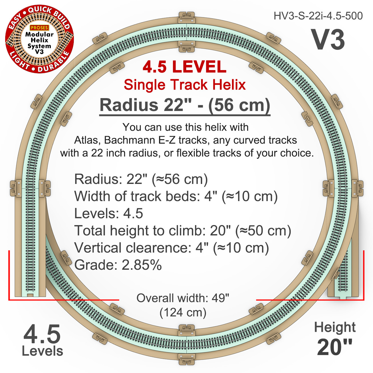 HO Scale Single Track Helix For Model Trains Radius: 22″ Height 20″, 4.5 Levels