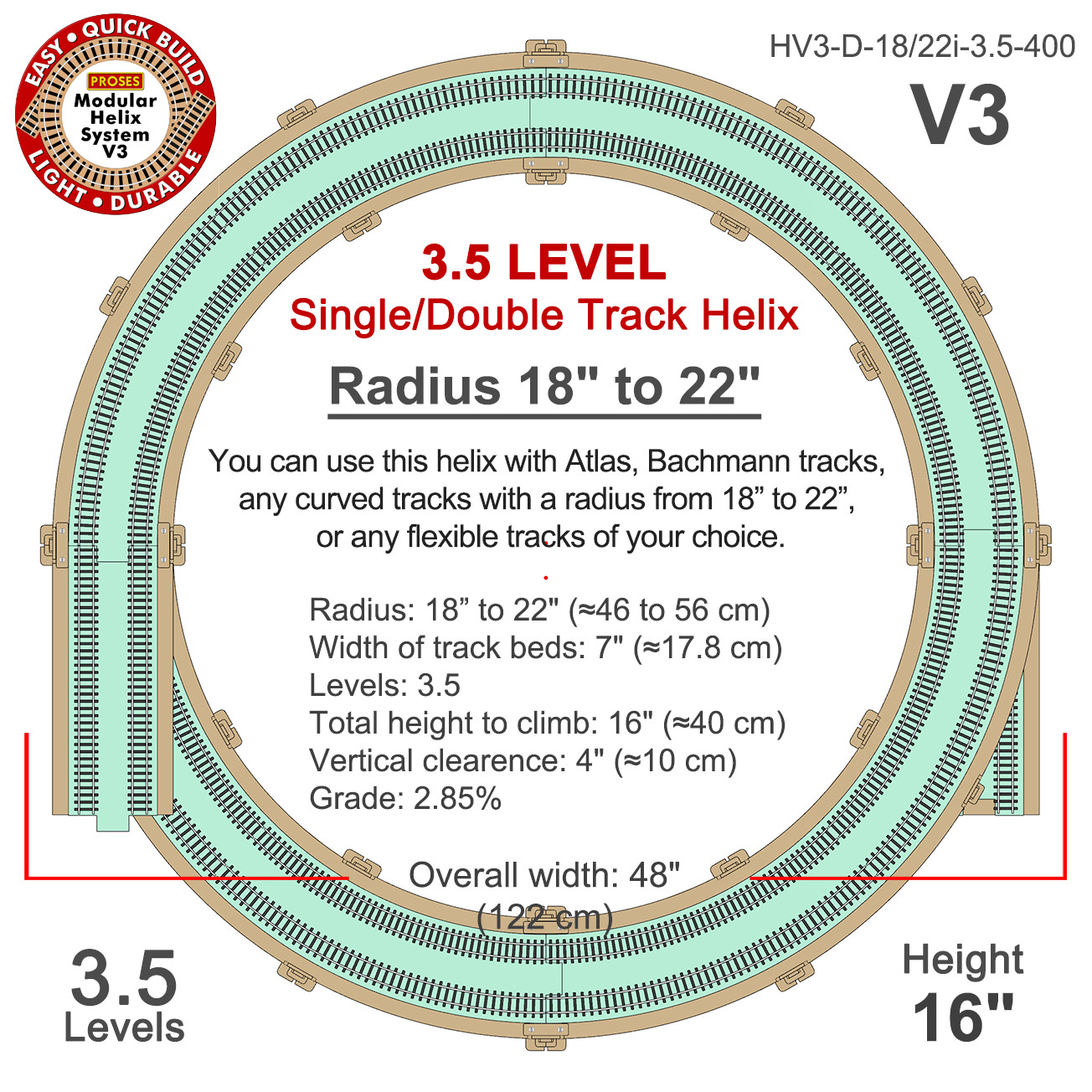 PROMO PRICE! HO Scale Single/Double Track Helix Radius 18″ to 22″ Height 16″