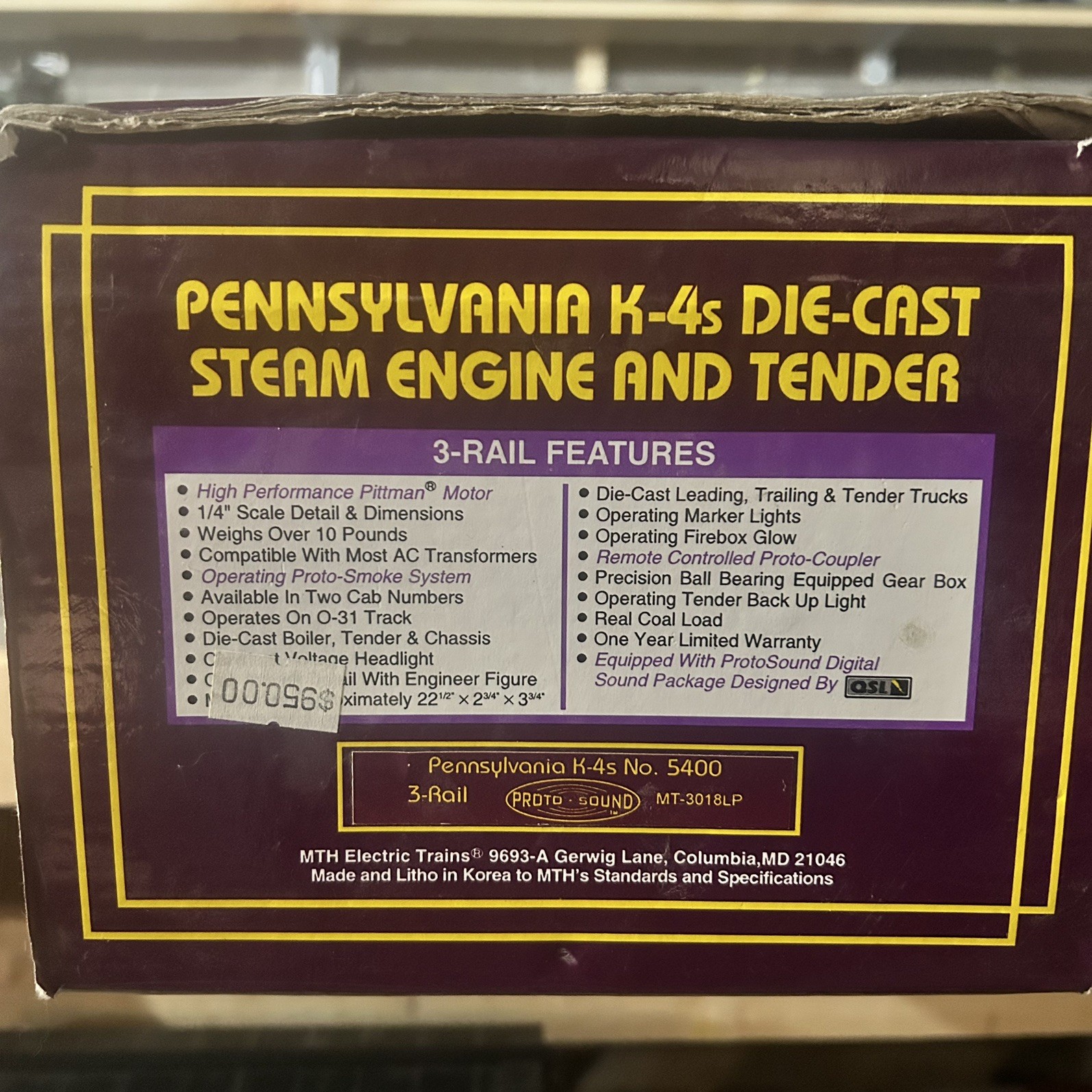 MTH MT-3018LP Pennsylvania K-4 #5400 1:48 O scale premier line