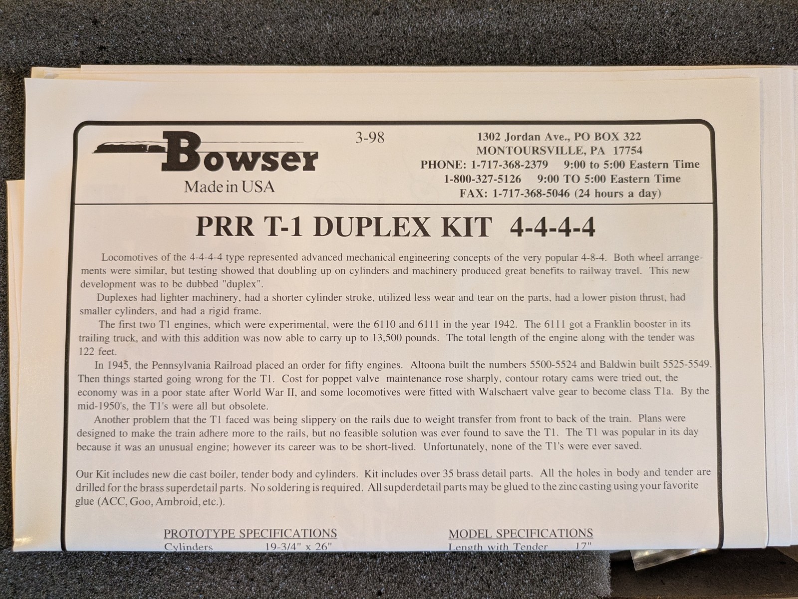 HO 4-4-4-4 w/ Tender T-1 Duplex PRR Pennsylvania Kit RARE! NIB NOS # 101000