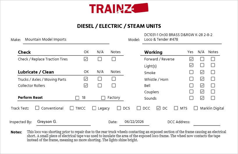 Mountain Model Imports DC1031-1 On30 BRASS D&RGW K-28 2-8-2 Loco & Tender #478