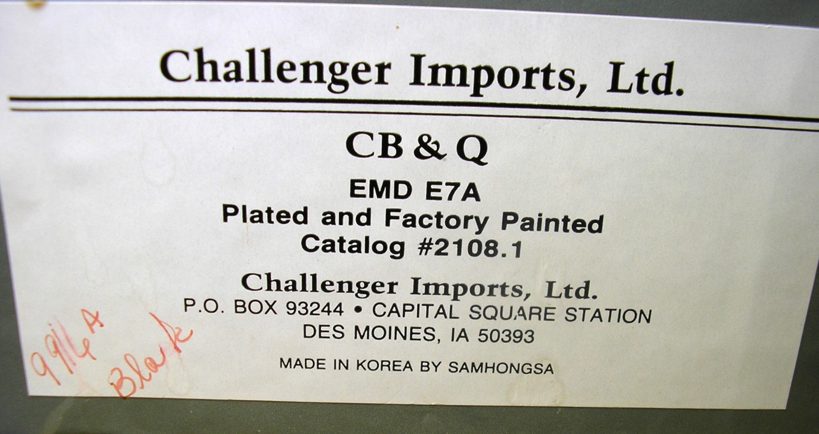 Challenger Imports 2108.1 HO CB&Q EMD E7A Burlington #9937A, Runs Very Well