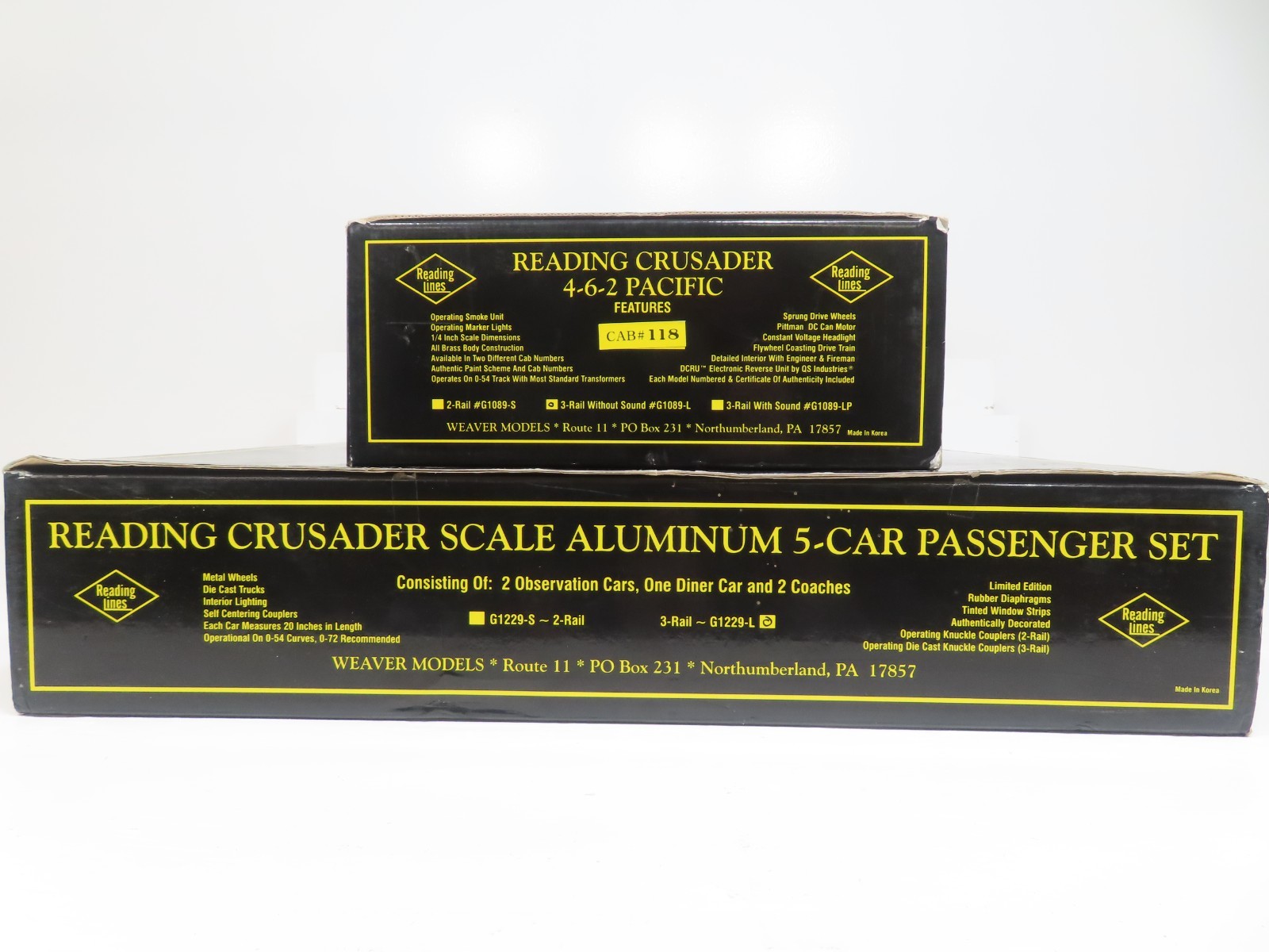 Weaver G1089-L Reading Crusader 4-6-2 Brass Pacific & G1229L 5 Car Pass LN