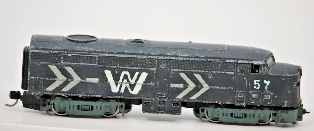 N Scale Diesel Locomotive, F7A Style, Custom Black Paint, White Chevron Decals