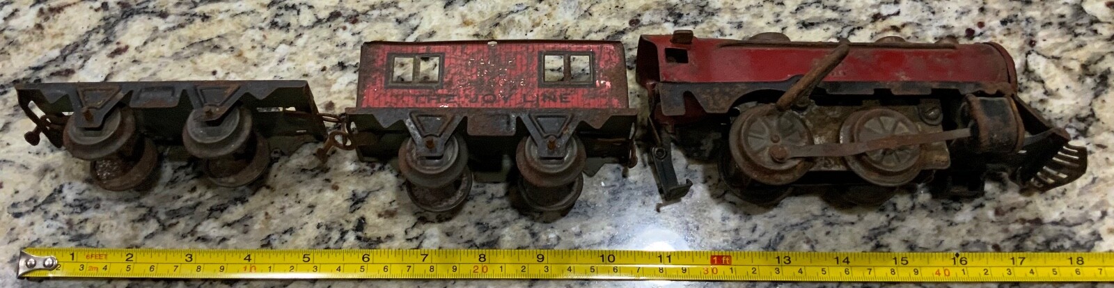 Marx O Gauge Joy Line Red Wind Up Locomotive Boxcar & Eagle Eye Caboose Pre War