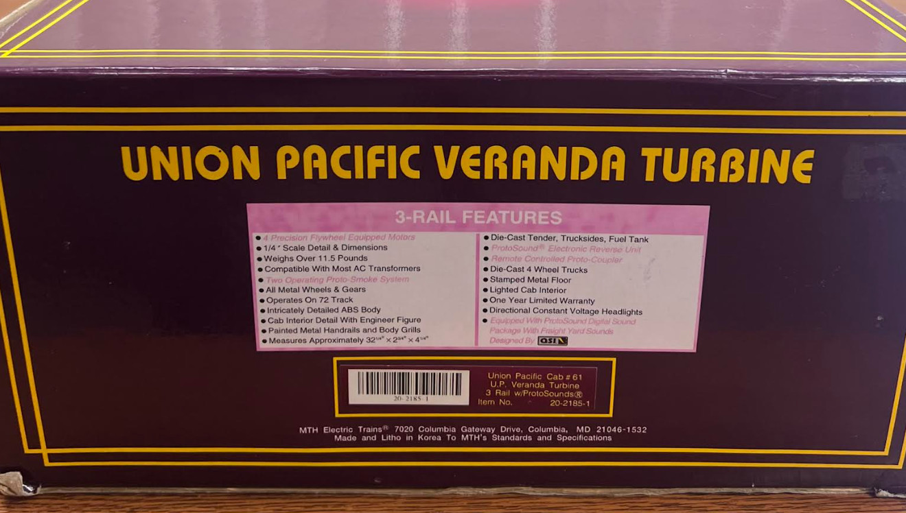 MTH O Scale Premier Union Pacific Veranda Turbine PS.1 20-2185-1 LNIB