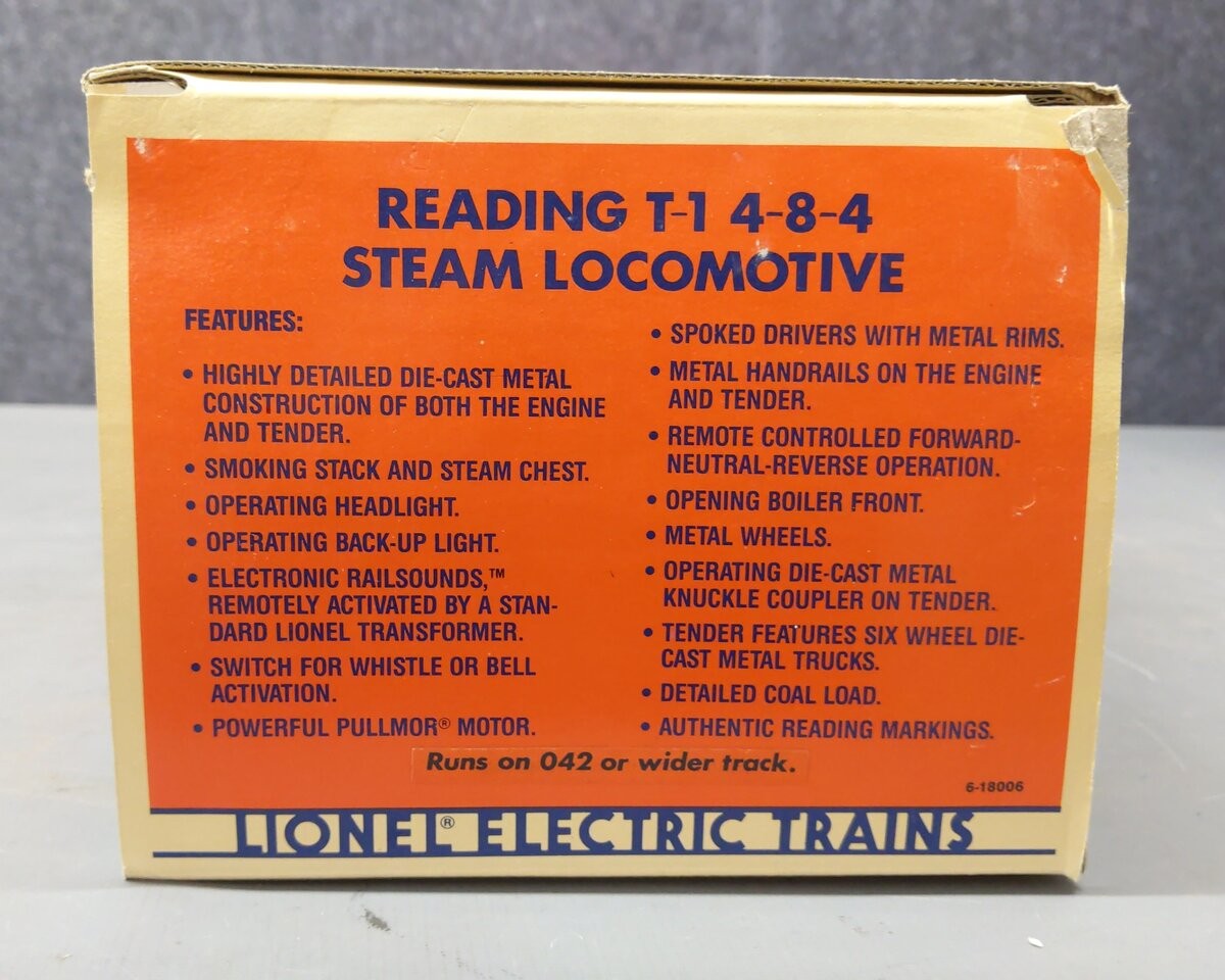 Lionel 6-18006 O Gauge Reading T-1 4-8-4 Steam Locomotive & Tender #2100 EX/Box