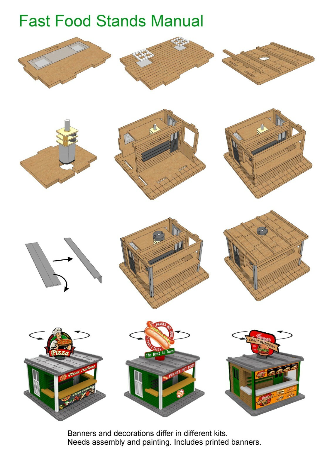4 X Fast Food Stands w/Rotating Banners O Scale 1:45 (Save $31) for Model Train