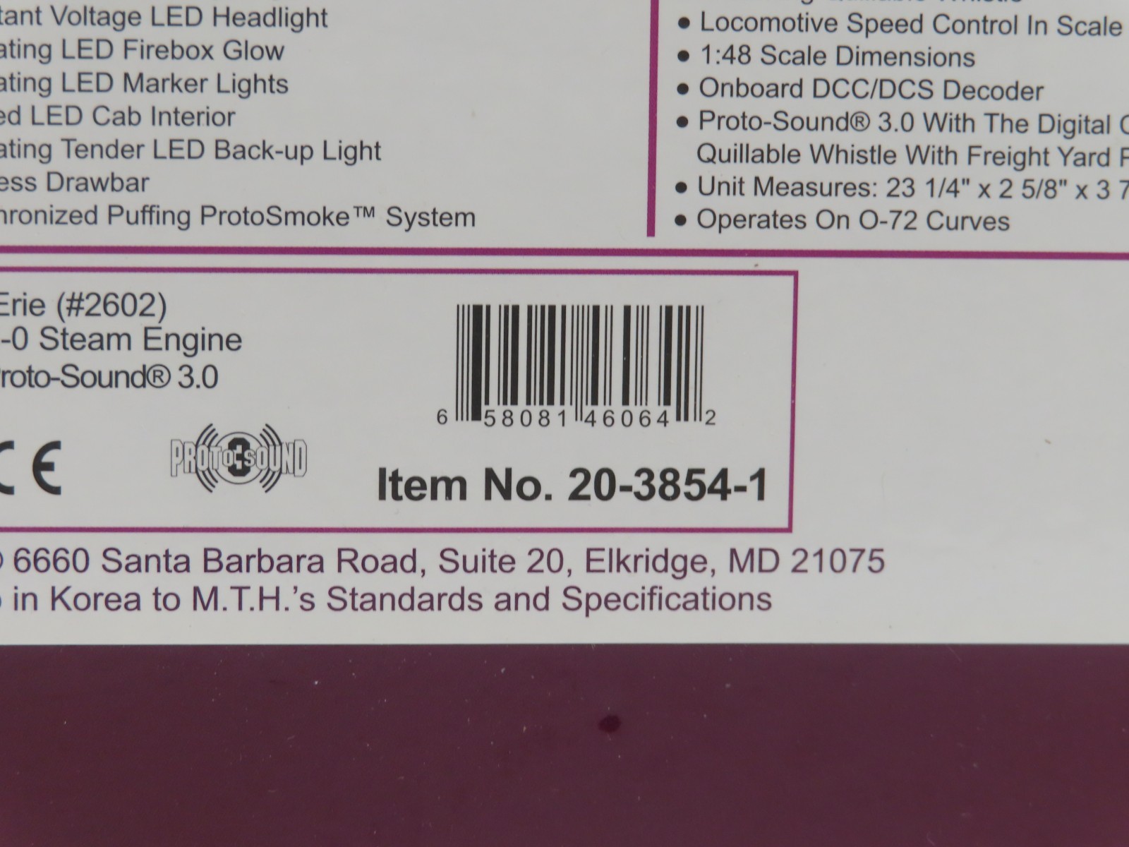 MTH 20-3854-1 Erie 0-8-8-0 Steam Engine w/Proto 3 #2602 LN