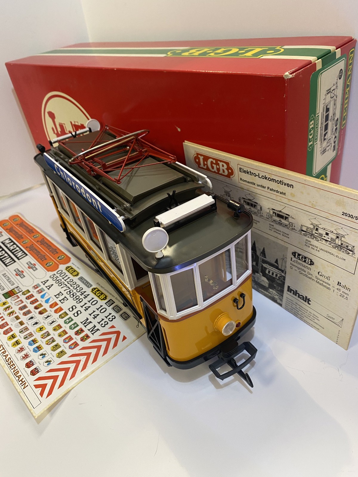 LGB 2035 G Scale Unlettered Yellow Motorized Trolley Used W/ Box & Sticker Sheet