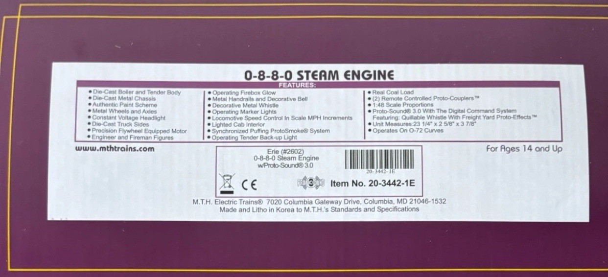 MTH PREMIER ERIE “ANGUS” 0-8-8-0 STEAM ENGINE FREIGHT SET PS3 20-3442-1 O SCALE
