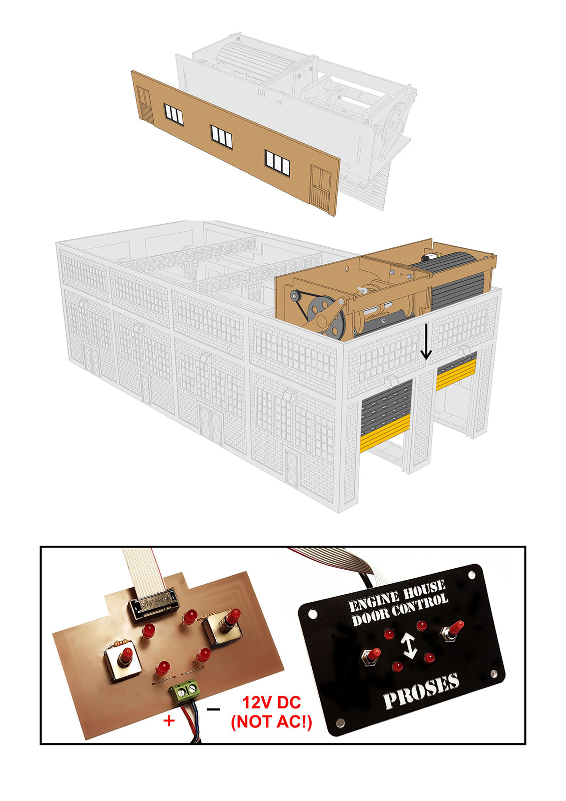 Two Stall Diesel Engine House w/Motorized Doors, Indoor/Outdoor Lighting O Gauge