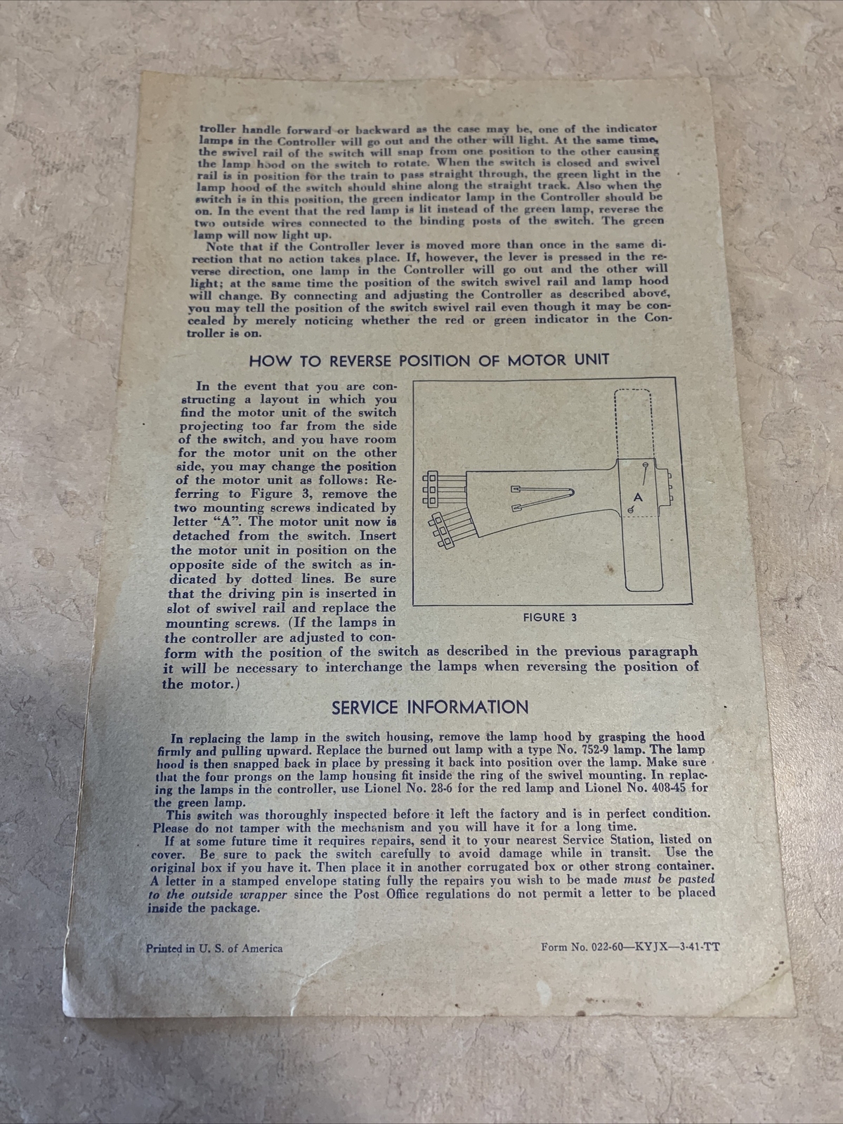 Instructions for Operating Lionel Remote Control No. 022 Switches