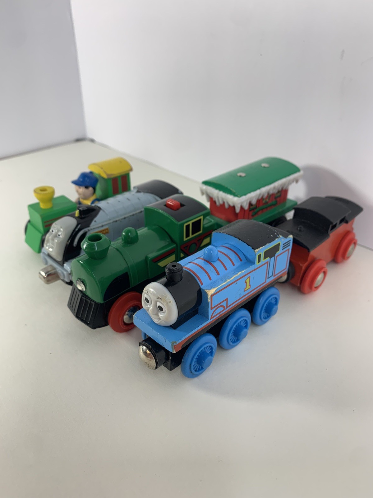 Brio, Thomas, & Spencer Wooden Railway Train Lot – 4 Engines & 2 Carts