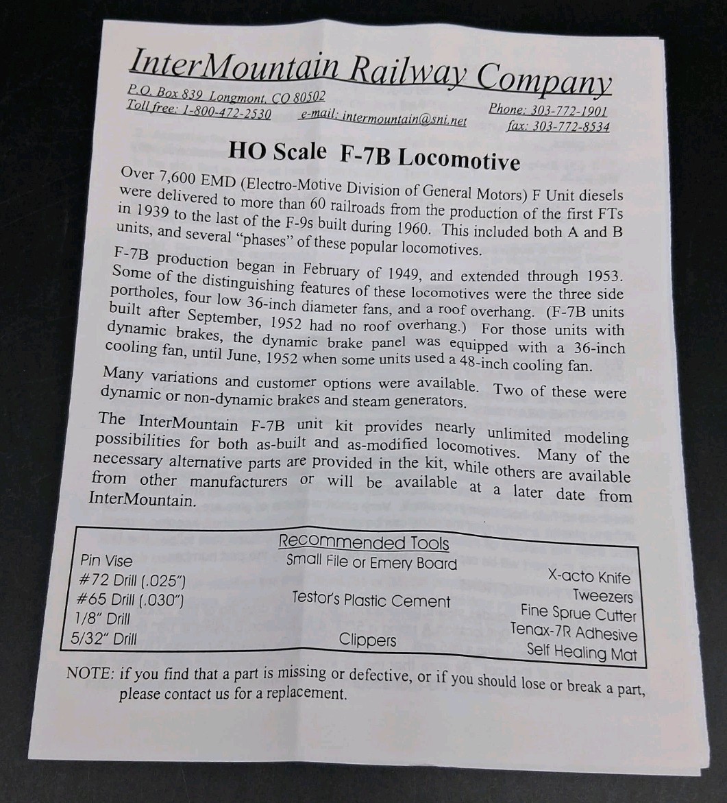 Intermountain Railway F-7B HO Gauge 44501-04 NYC Lightning Stripe Shell Kit 2442