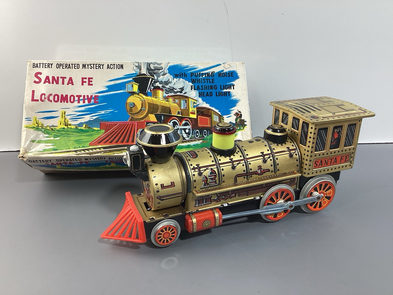 Vintage 1960s Modern Toys Santa Fe Locomotive Tin Train, Not Working, Japan