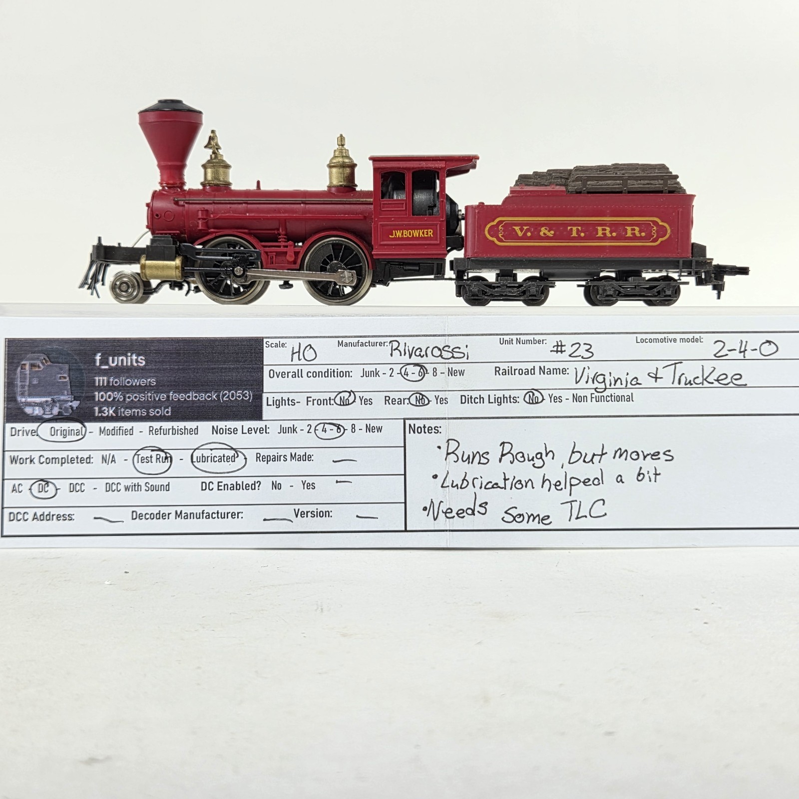 Rivarossi HO Scale Virginia And Truckee #23 2-4-0 Locomotive