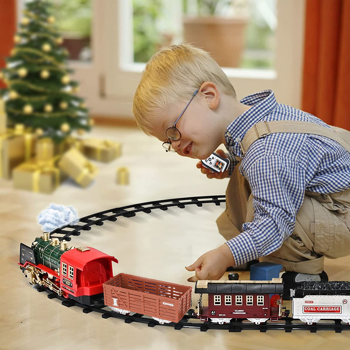 RC Train Toy Remote Control Train w/Smoke Real Sound Light Birthday Gift For Kid