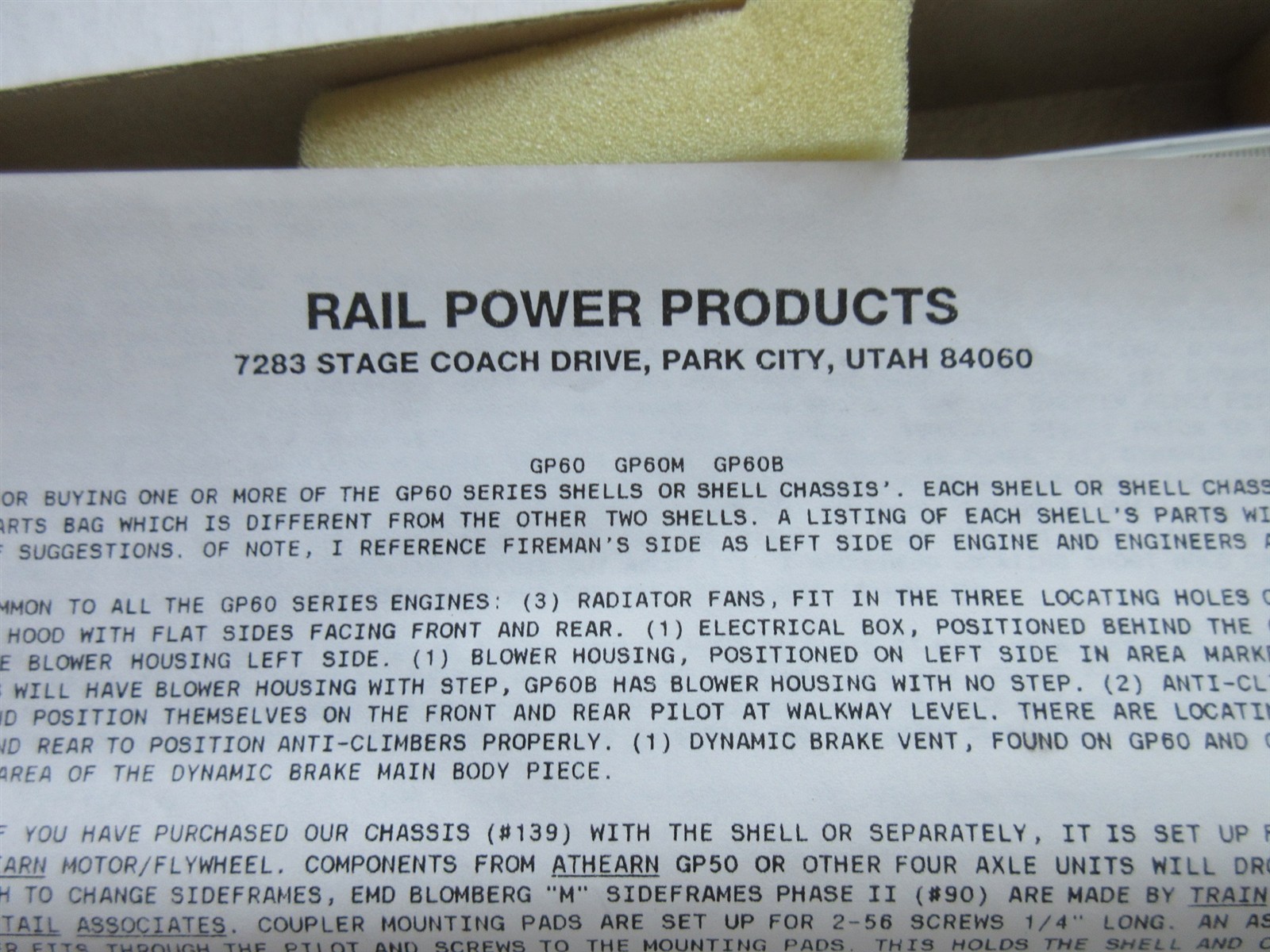 Rail Power Products HO GP60M Non Powered Undecorated Diesel Shell Chassis Kit