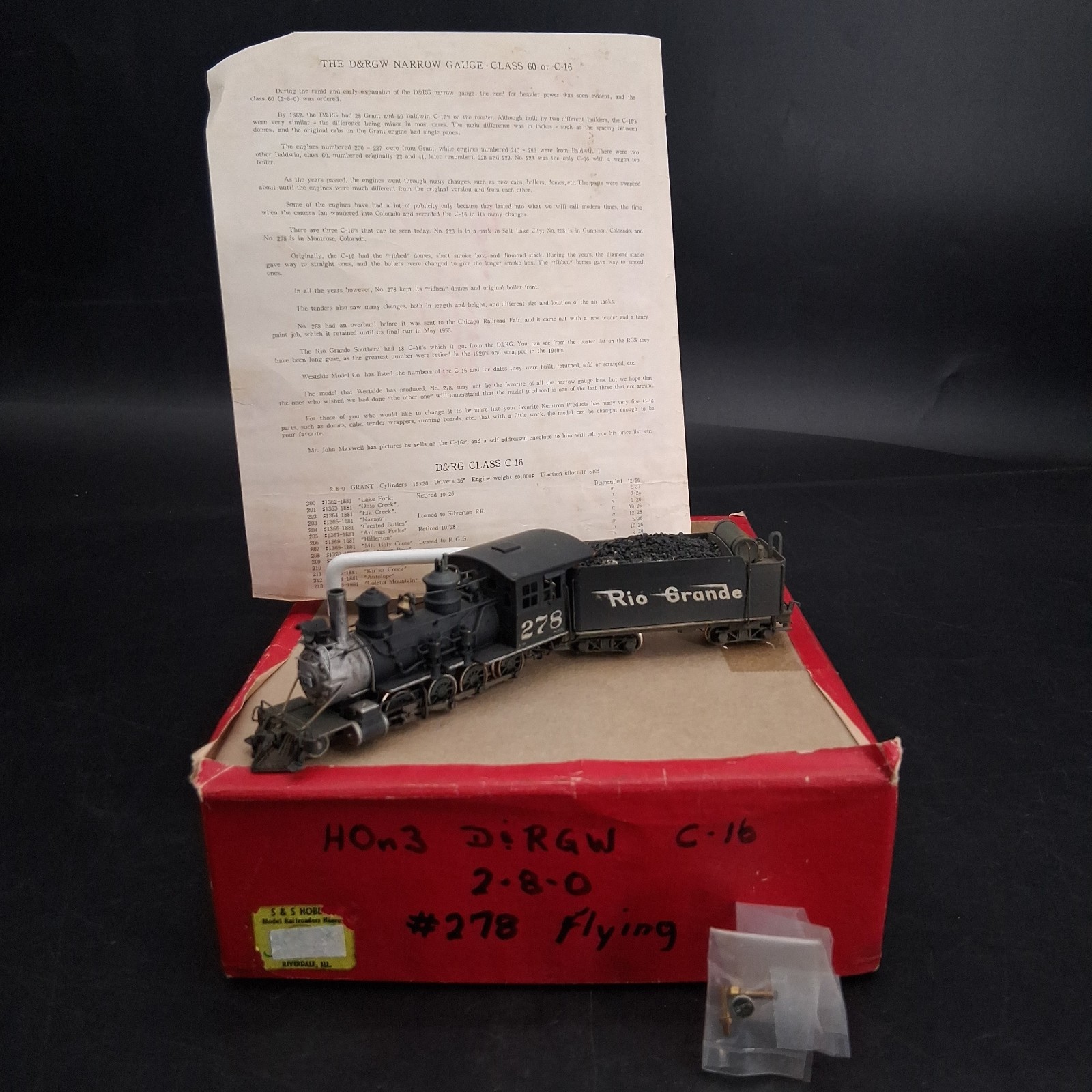 Westside Model Co HOn3 Brass 2-8-0 Class C-16 D&RGW #278 Custom Painted