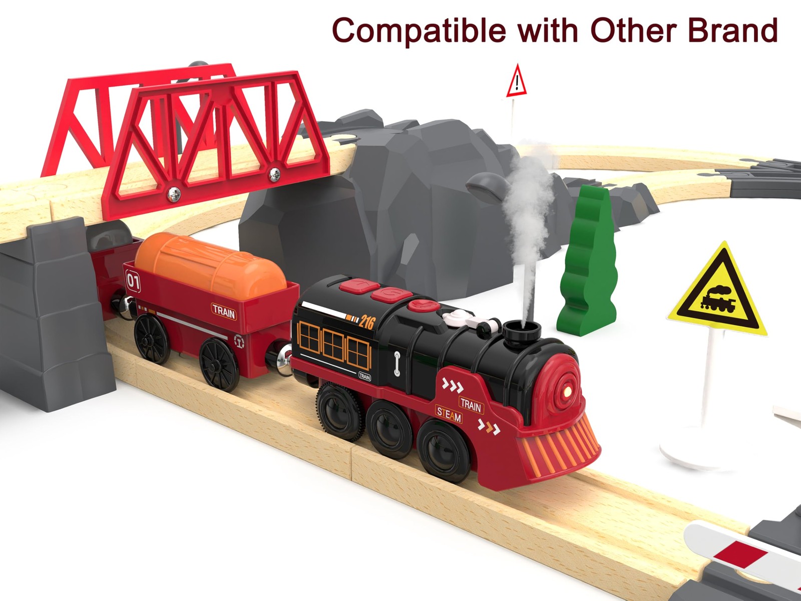 Toy Train Electric Set for Wooden Tracks, Small to Medium, Red & Black