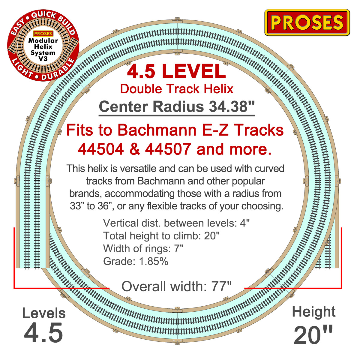 4.5 Level Helix For Bachmann E-Z Tracks (Radius 33.25″/35.50″) for Model Trains