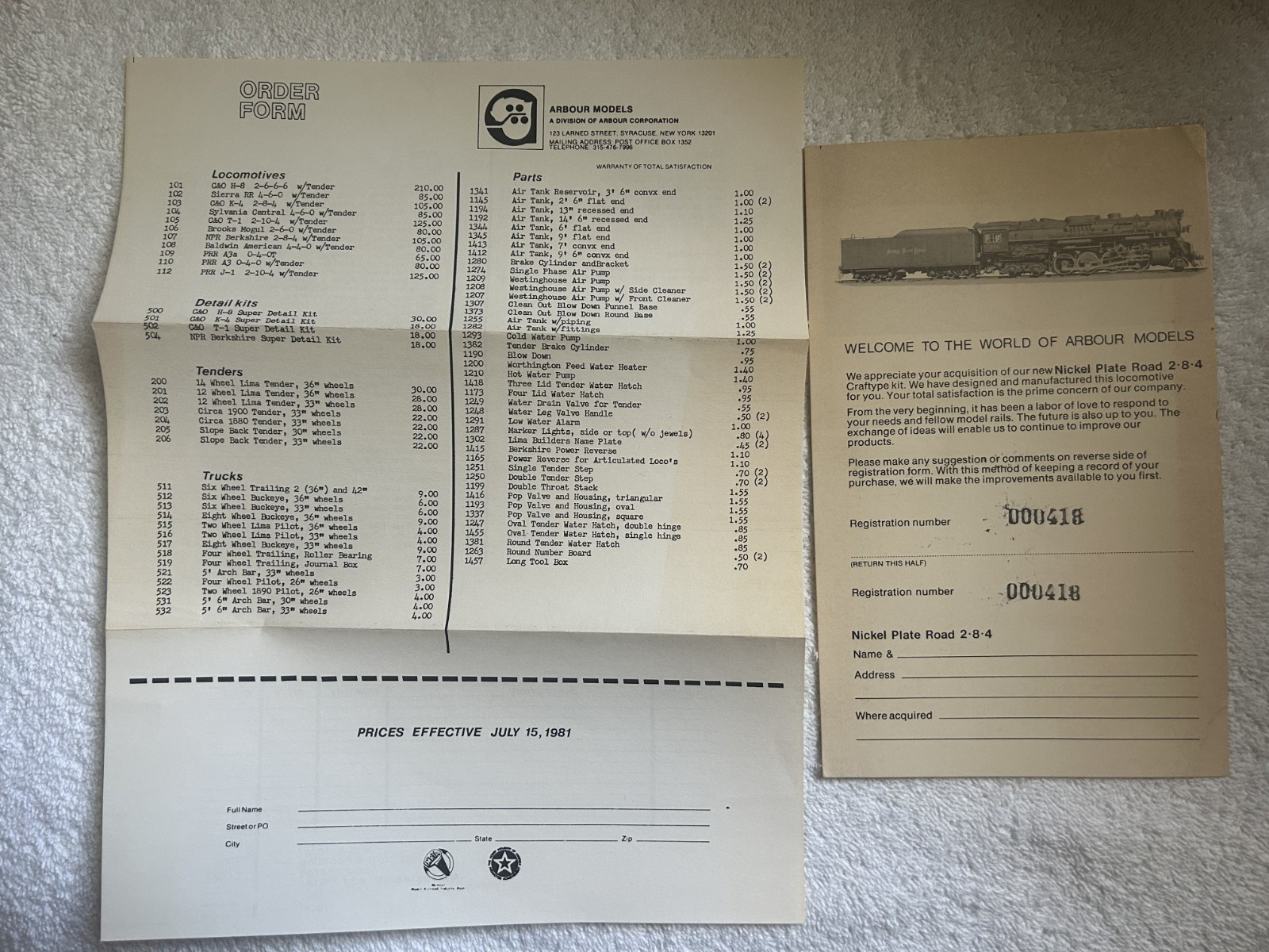 Vintage Arbour Models HO Scale 2-8-4 Berkshire NKP Model 107 Unbuilt Kit