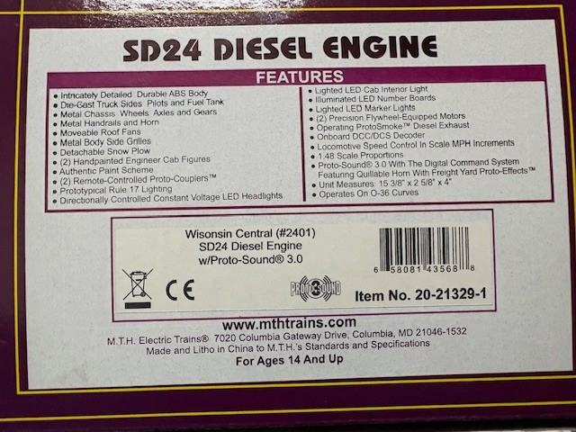 MTH PREMIER 20-21329-1 WISCONSIN CENTRAL SD24 #2401 DIESEL W/ PROTO SOUND 3.0