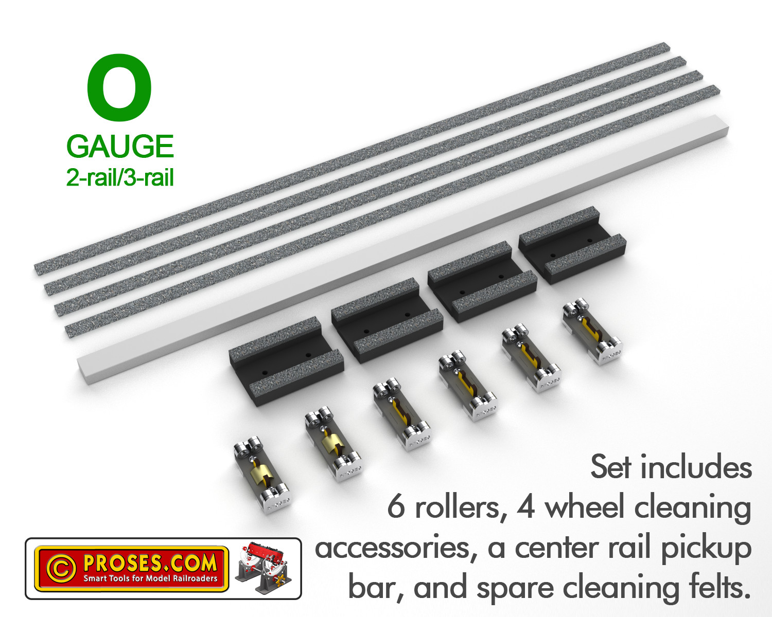 NEW! 6 PACK OF O GAUGE ROLLERS (2-RAIL/3-RAIL) W/WHEEL CLEANING (RR-O3-06)
