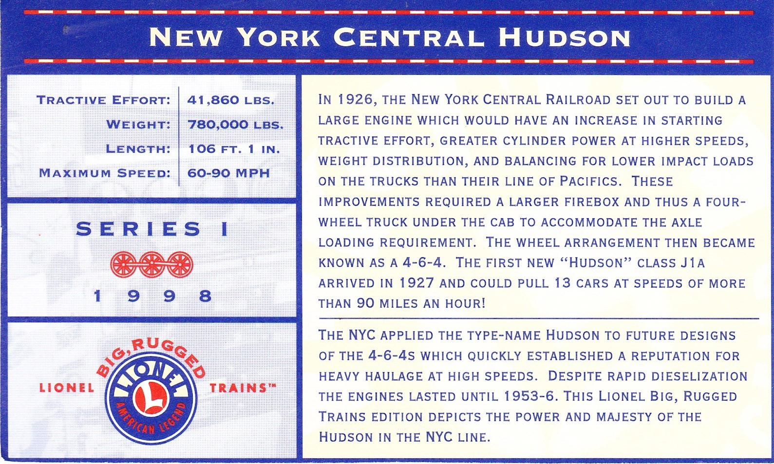Lionel 1:120 Scale DieCast Locomotive – Classic Series – NYC Hudson J3a 4-8-4